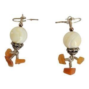 Women's Earrings Silver Tone Natural Stone Cream Orange Drop Boho Natural